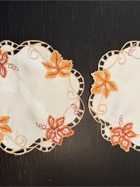 Cream Embroidered Autumn Leaf Doilies with Orange Accents Set/2 8”